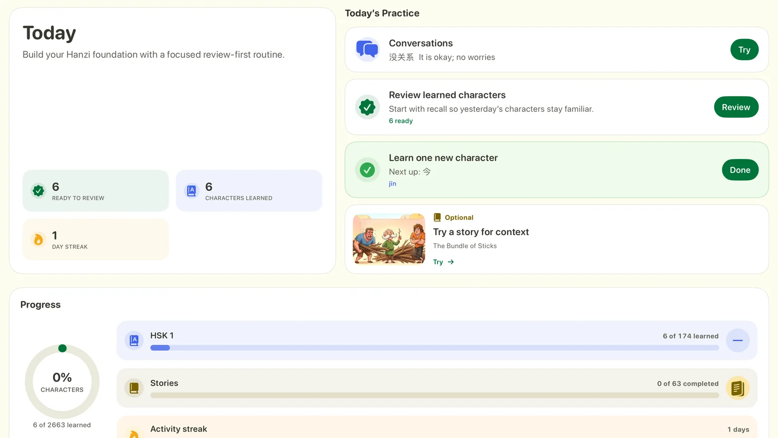 Strokie Today screen with a Conversation, character review, a new character, an optional Fable, and progress.