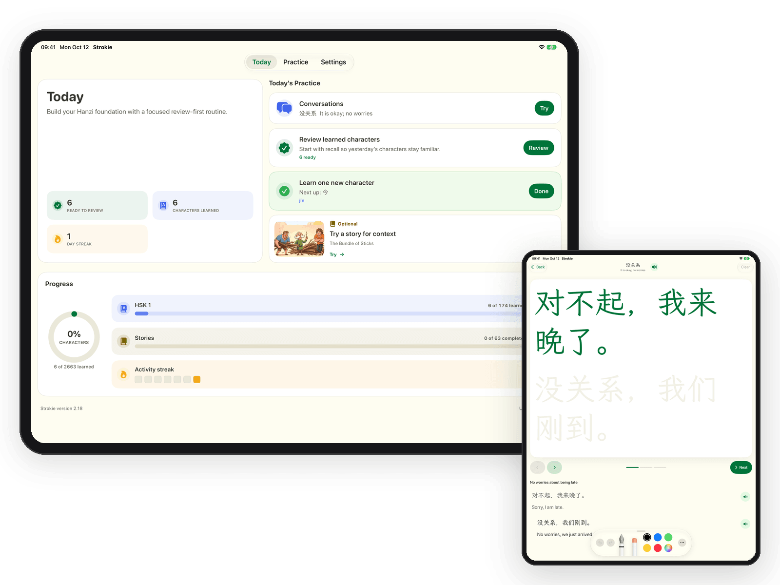 Two Strokie iPad screens: the Today plan with a Conversation, character review, and a Fable, and a Conversation ready to trace.