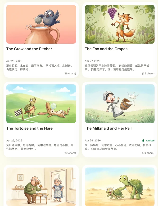 Illustrated Strokie Fables to open and trace, such as The Crow and the Pitcher and The Tortoise and the Hare.